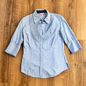 Lilly Pulitzer Blue Button Down with Pintuck and Ruffle sleeves Sz 4